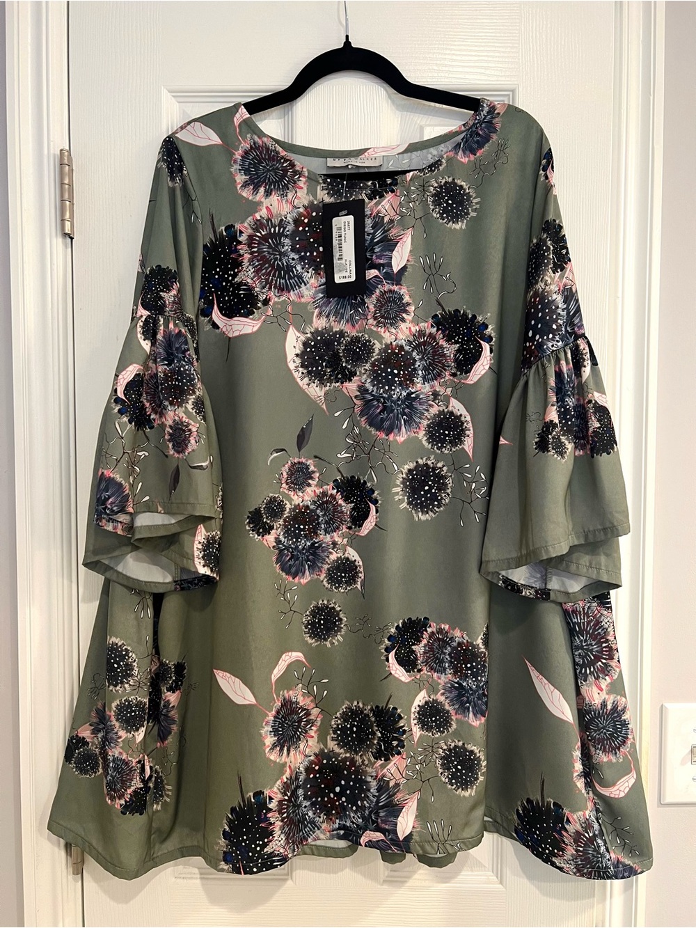 Bryn Walker Diego Tunic Olive Green Abstract Floral Bell-Sleeve Mini Dress XL